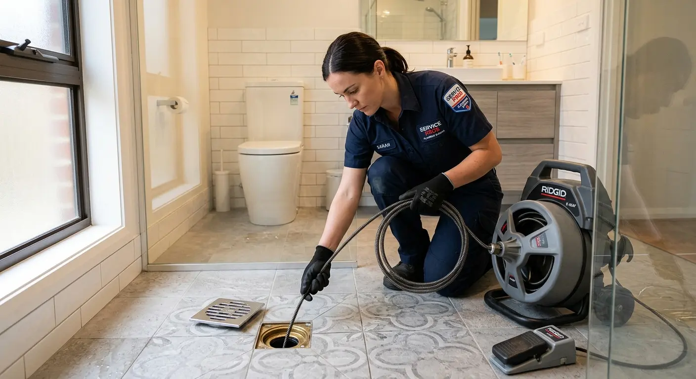 Technician clearing a bathroom floor drain for Drain Cleaning in Wilmington